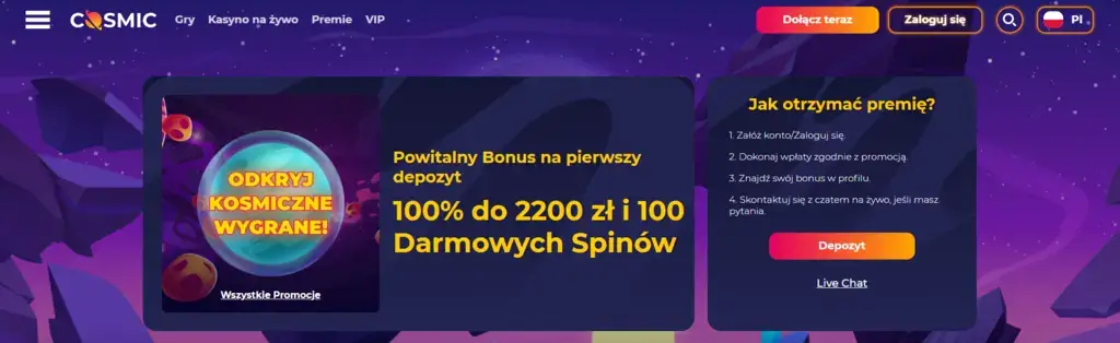  Aby Otworzyć Cosmicslot
 Bogaty Wybór Gier