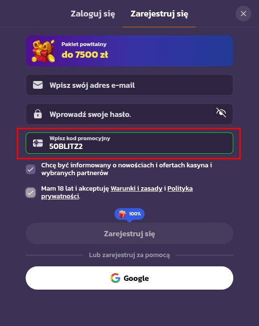 Wprowadzanie Coolzino kod promocyjny