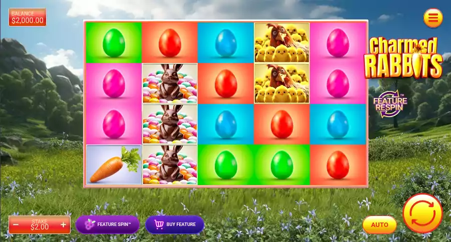 Wielkanocne sloty Charmed Rabbits od SpinBerry – Nagrody w święta Gra Charmed Rabbits od SpinBerry, wielkanocnej scenerii, króliki.