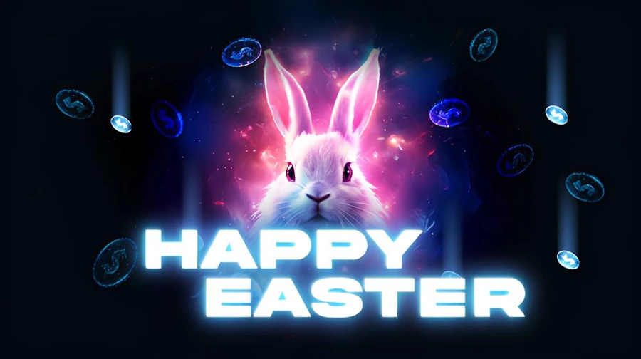 Wielkanocne bonusy w Kudos Casino – Promocje świąteczne Obraz Kudos Casino z wielkanocnemu bonusowi, z zajączkami i żetonami.