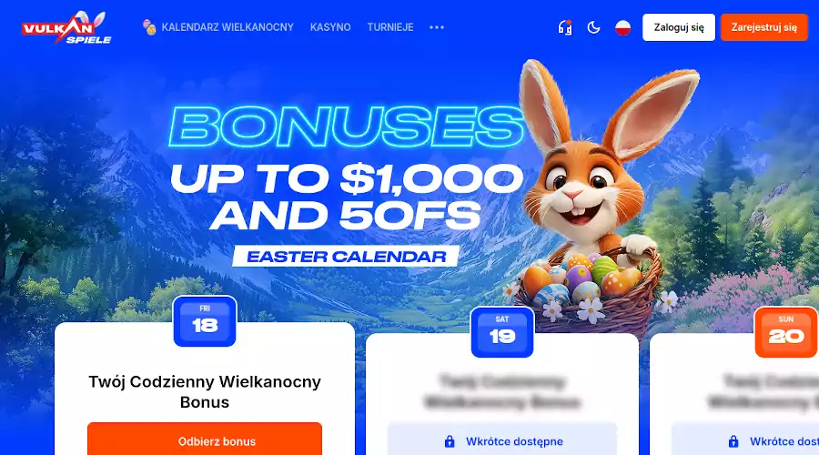 Wielkanocny bonus w VulkanSpiele – Graj w święta Grafika VulkanSpiele z wielkanocnego bonusu, z zajączkami i slotami.