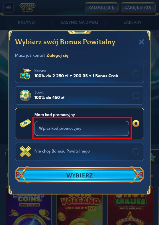 Wprowadzanie Oceanspin promo code