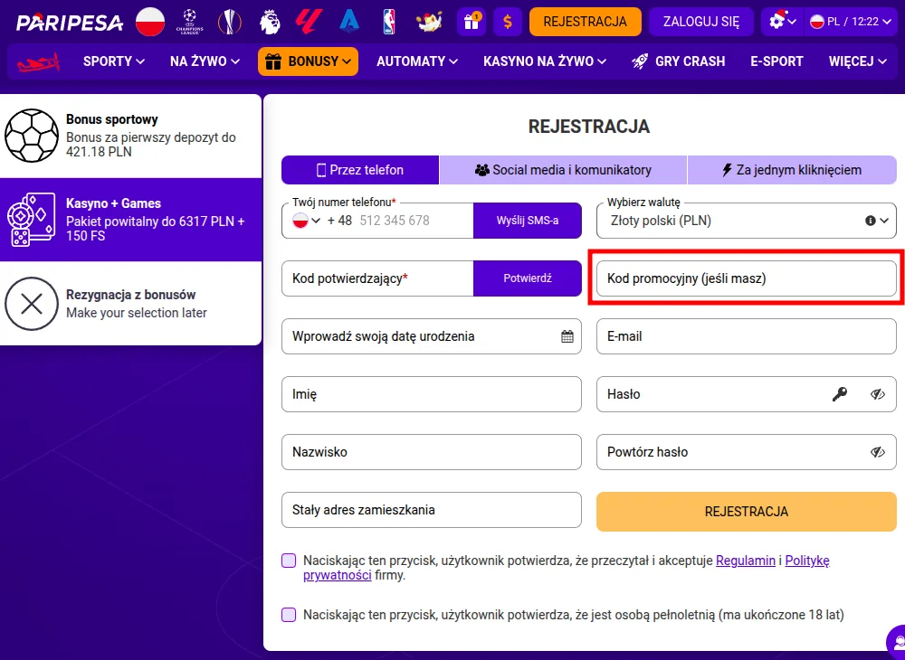 Wprowadzanie PariPesa kod promocyjny 